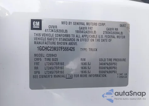 2007 Chevrolet Silverado 2500Hd Work Truck z USA, uszkodzony, nr VIN 1GCHC23K97F566426